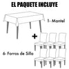 Combo de 7 piezas; Mantel Impermeable 140x220cm + 6 Fundas para Sillas de Comedor