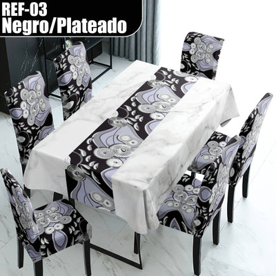 Combo de 7 piezas; Mantel Impermeable 140x220cm + 6 Fundas para Sillas de Comedor